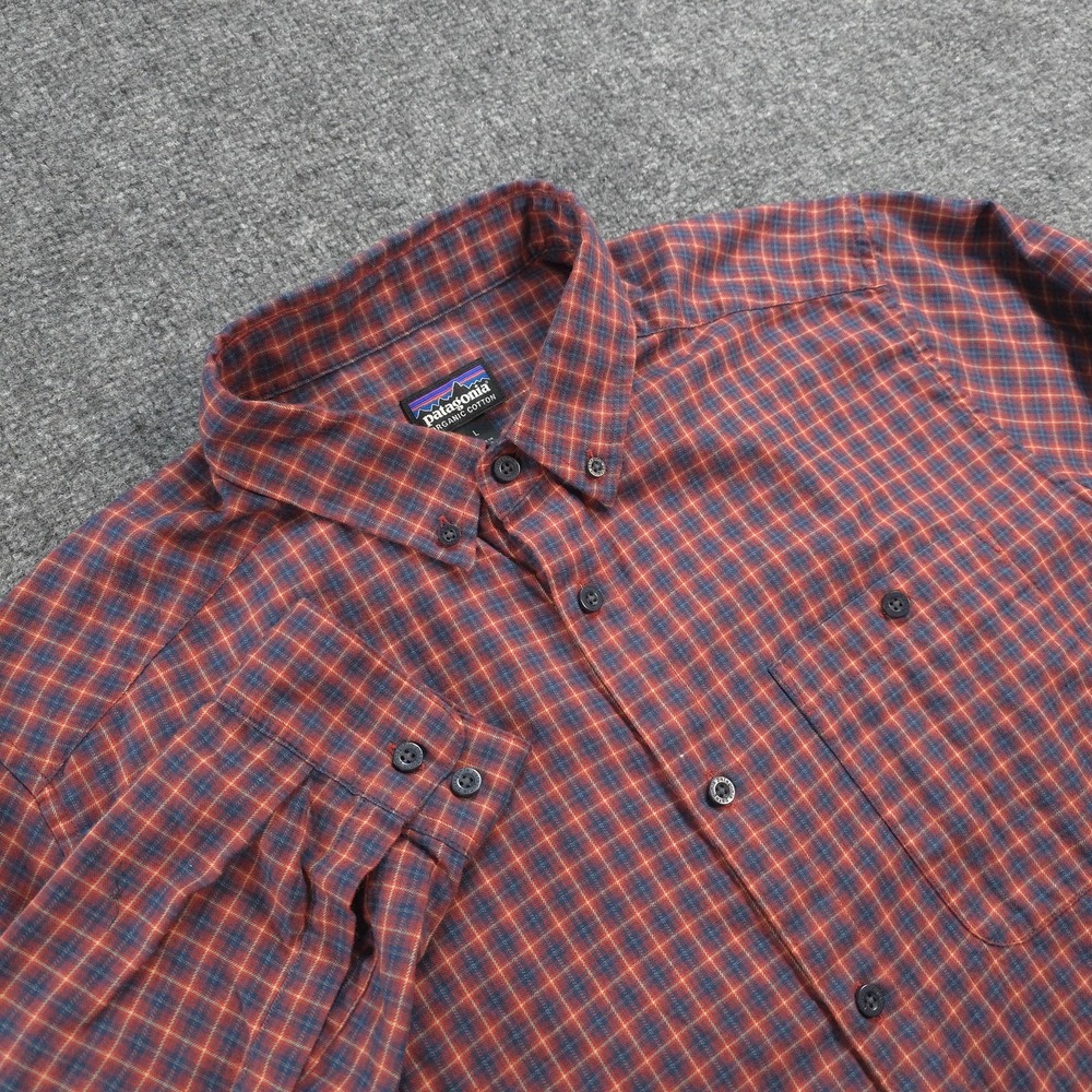 Patagonia Shirt Mens L Red Plaid Vjosa River Organic Cotton Hiking Camp Outdoors
